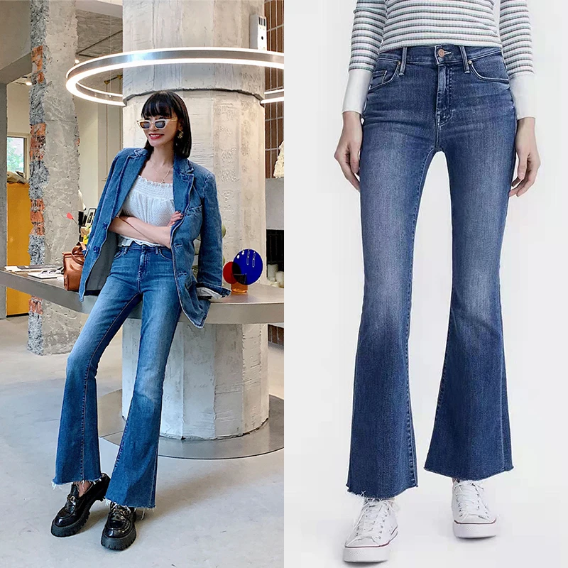 Damskie dżinsy z wysokim stanem, rozszerzane do kostek, długie do ziemi, obcisłe, typu mom jeans, jesienne, nowe, ciemnoniebieskie, długie spodnie.