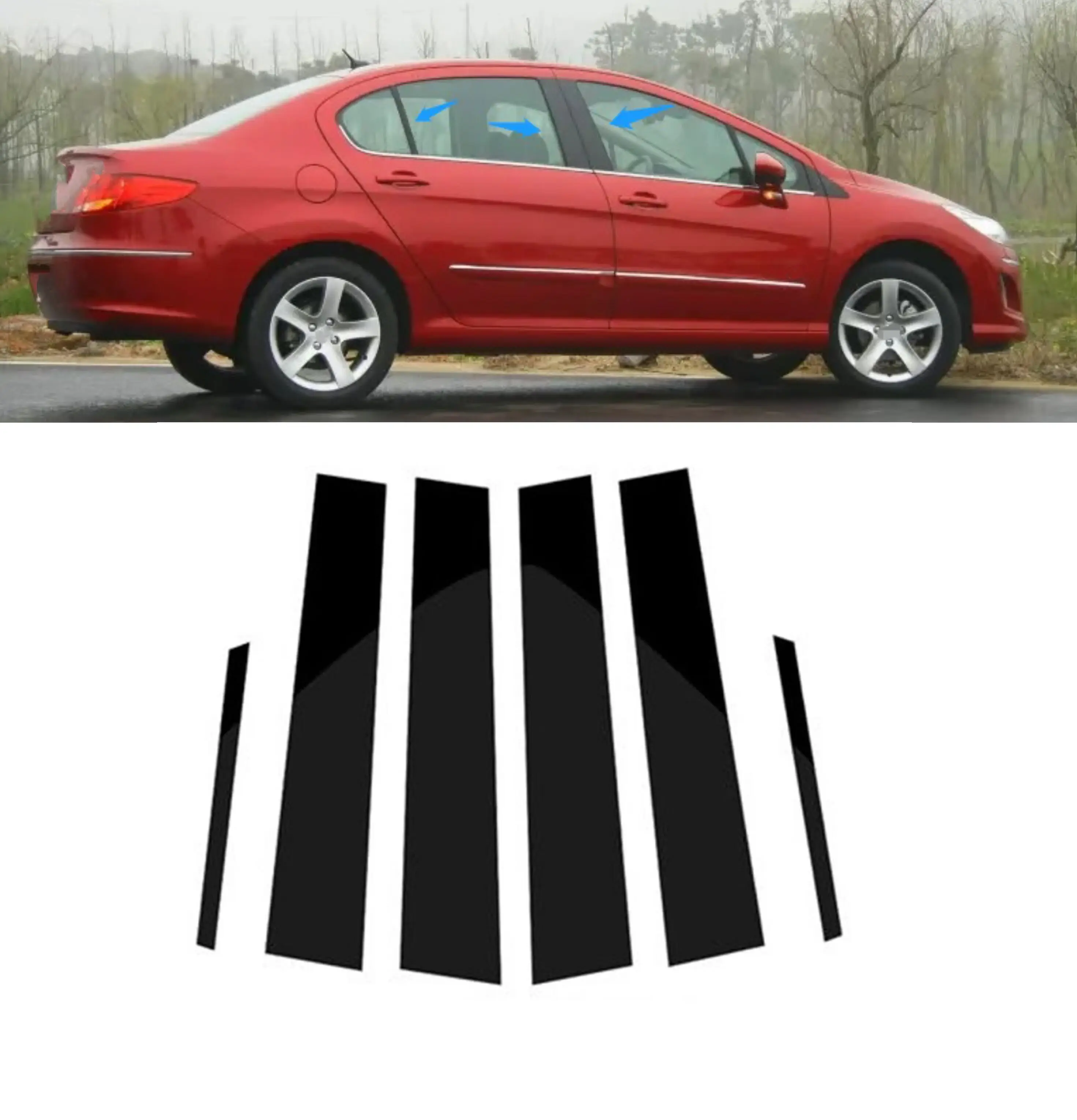 

6PCS Glossy Black Polished Pillar Posts For Peugeot 408 2010 2011 2012 2013 Window Trim Cover BC Column Sticker