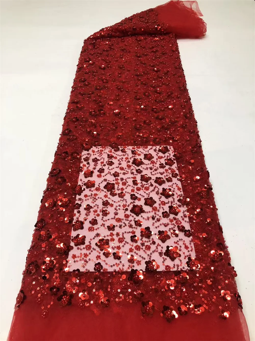 

2026 Sequin-Embellished Mesh Red Fabric Groom Design Lace African Hot Sale for Exquisite Wedding Party Dresses or Home Dector
