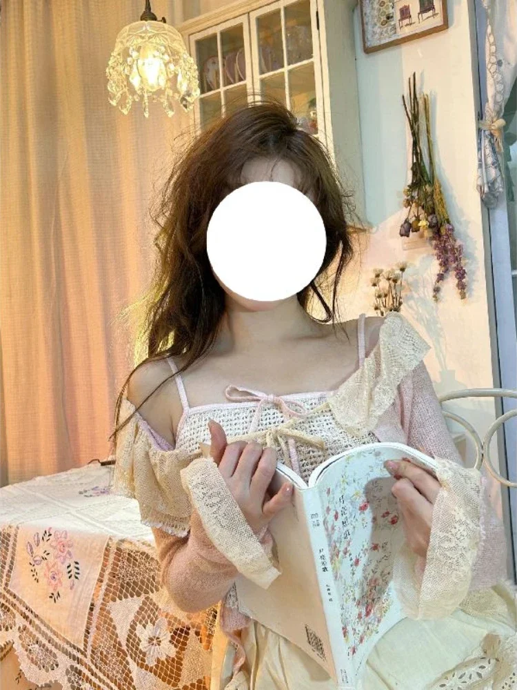 Doce blusa japonesa de renda kawaii feminina, cardigã Lolita elegante rosa, fofo, manga longa, roupa estilo coreano, verão, 2023