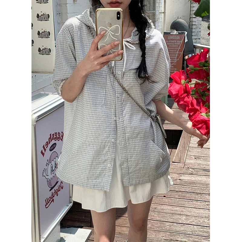 MEXZT Vintage chemises à carreaux femmes japonais Harajuku à capuche dentelle Patchwork Blouses été coréen à manches courtes hauts amples décontractés