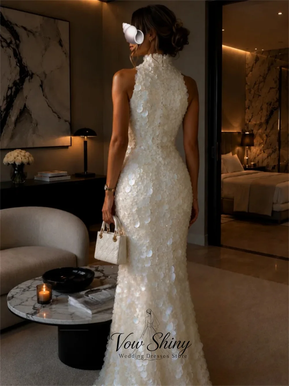 Vow Shiny Glamorous Ivory 3D Sequin Halter Evening Gown Dress Mermaid Sleeveless Party Dress Performance Gown Customized