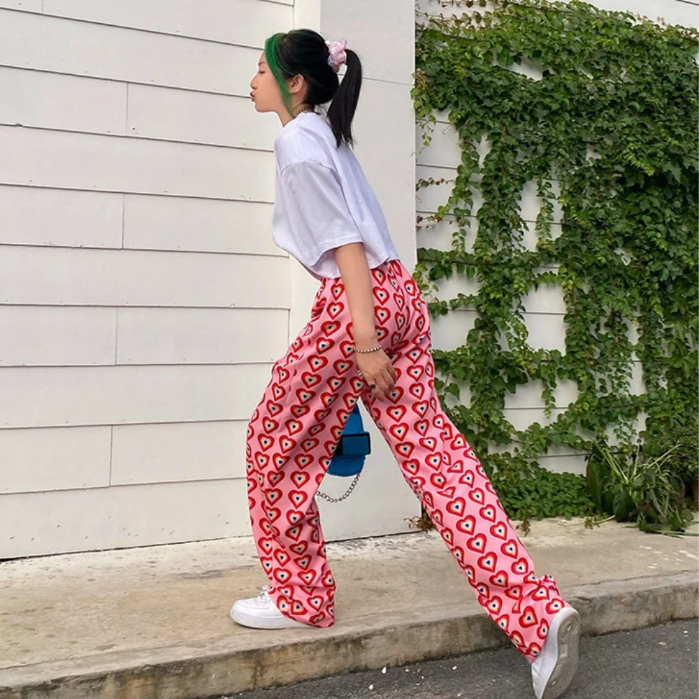 Missnight Pink Pants Heart Printed Straight Elastic High Waist Pants Drawstring Fashion Pants Streetwear Vintage 2023 Harajuku