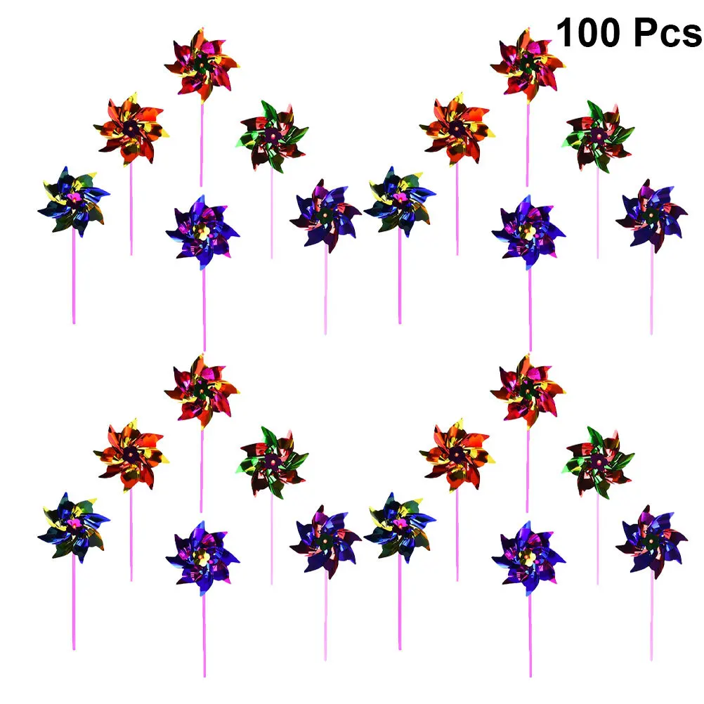 100 szt. tęczowych wiatraczków z drewnianą rączką, wielokolorowe, do ogrodu, na imprezy plenerowe, dekoracja podwórka, prezent dla dzieci, zabawny gadżet do zabawy