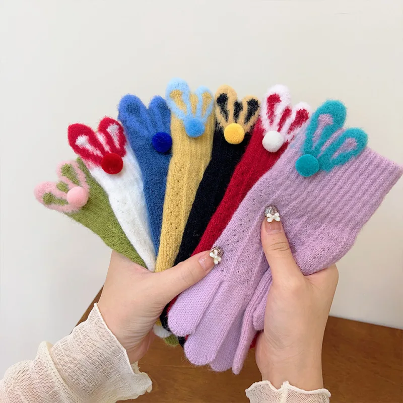 Women Winter Keep Warm Touch Screen Cute Lovely Sweety Cartoon Rabbit Ears Knitted Woolen Gloves Velvet Drive Cycling Elasticity