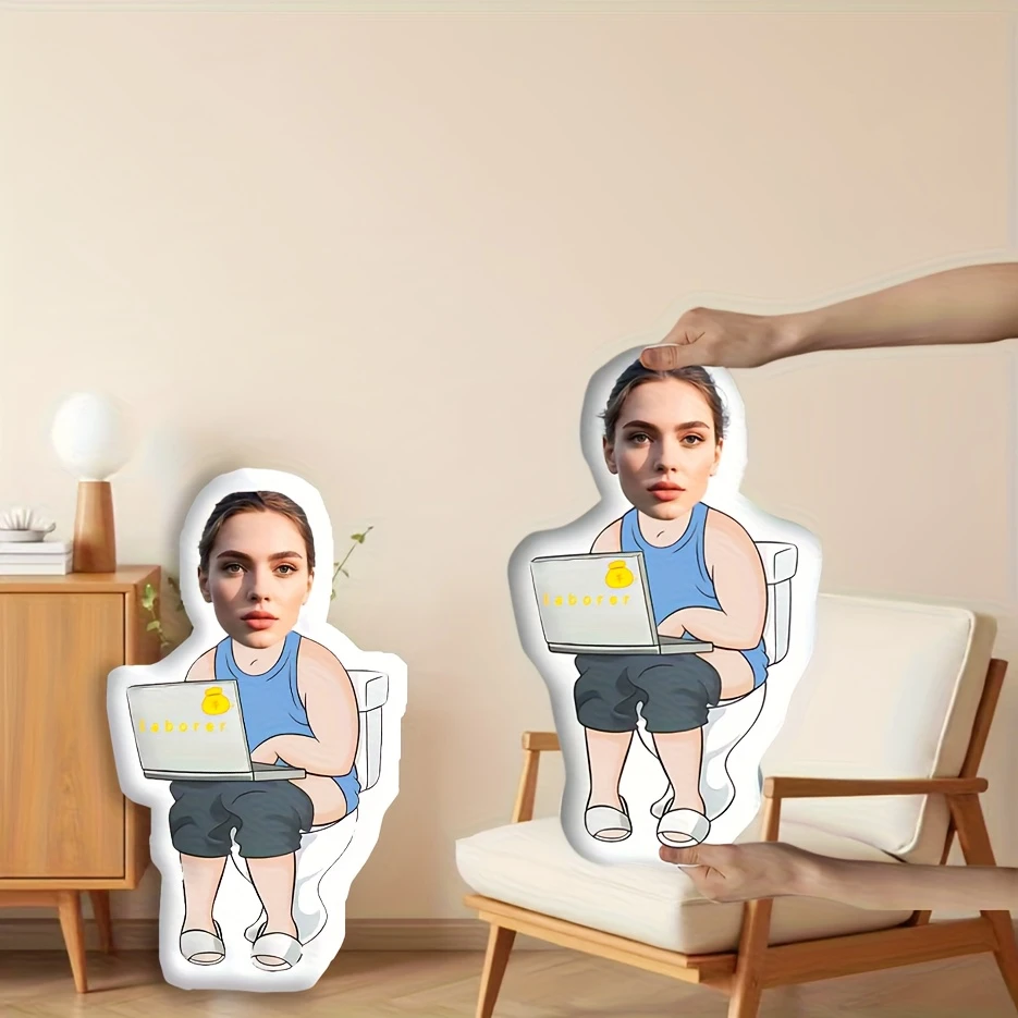 Stylish Worker Toilet-Themed Custom Face Pillows, Personalized with The Word 'Laborer' And Your Own Photo. A Unique Surprise Gif