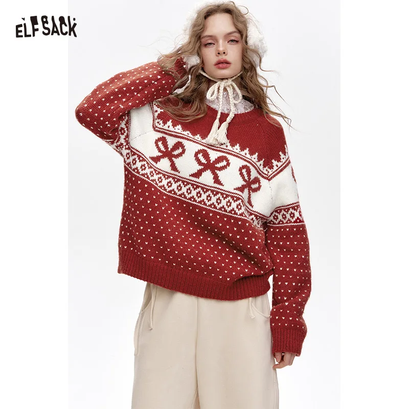 

ELFSACK Y2K Повседневный свободный свитер с круглым вырезом и бантом Fair Isle для женщин