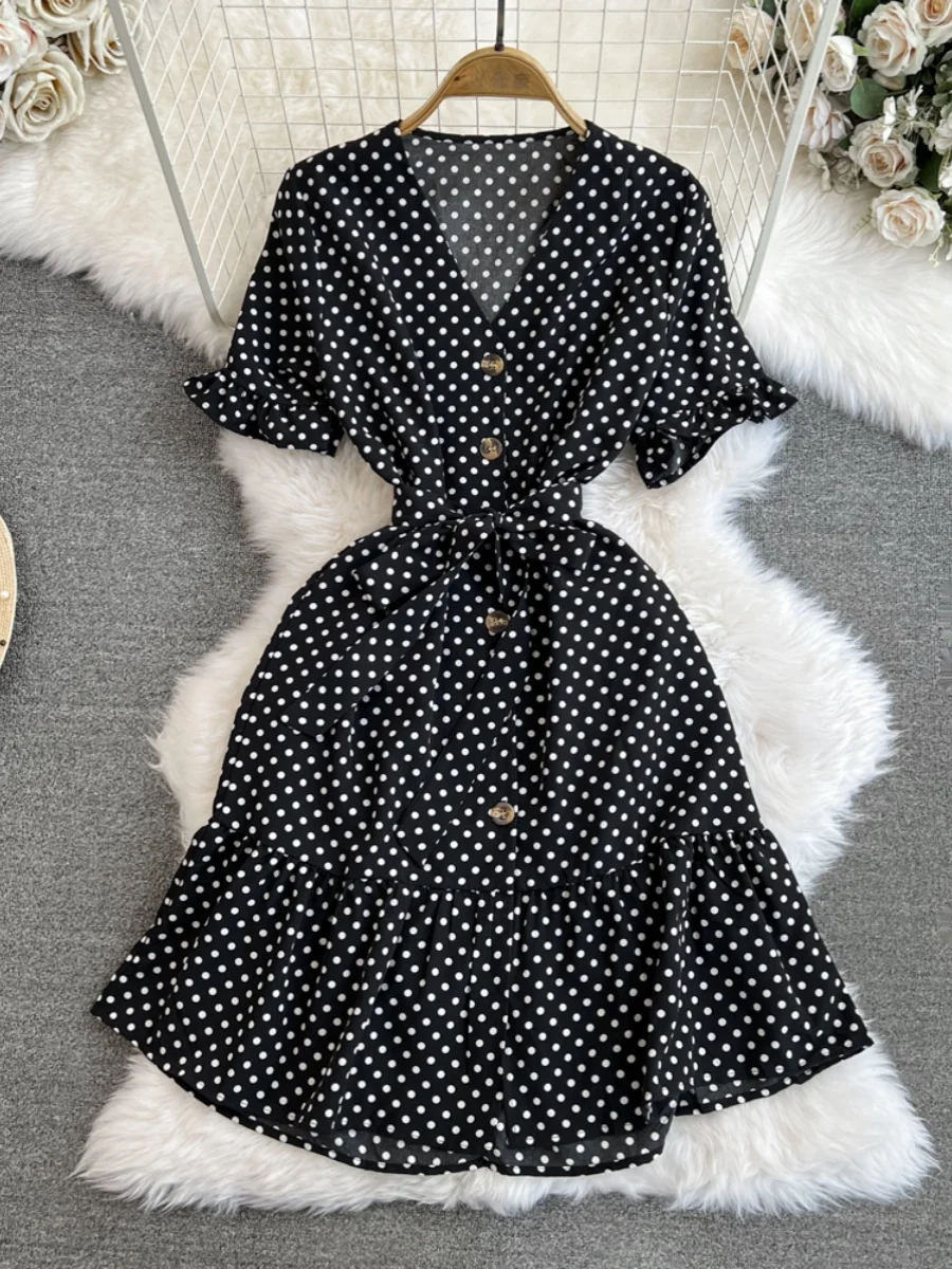 البولكا نقطة V-ne ort Sve ألف خط الدكتور مع حزام التخسيس العلاقات زر واحد ميدي الدكتور للشابات الربيع الصيف #2