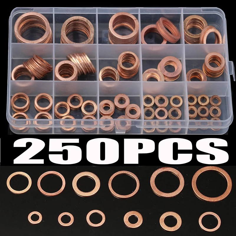 

250PCS Flat Ring Washer Gasket M5/M6/M8/M10/M12/M14/M16/M18 Solid Copper Crush Spacer Oil Brake Sealing Hardware Parts Washers