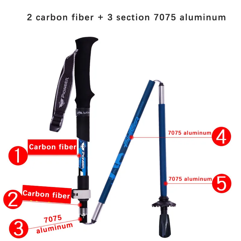 2pcs Walking Stick Folding 5 sections Trekking Poles (2 Carbon Fiber +3 Aluminium alloy) Mountain-climbing Crutch Outdoor Hiking