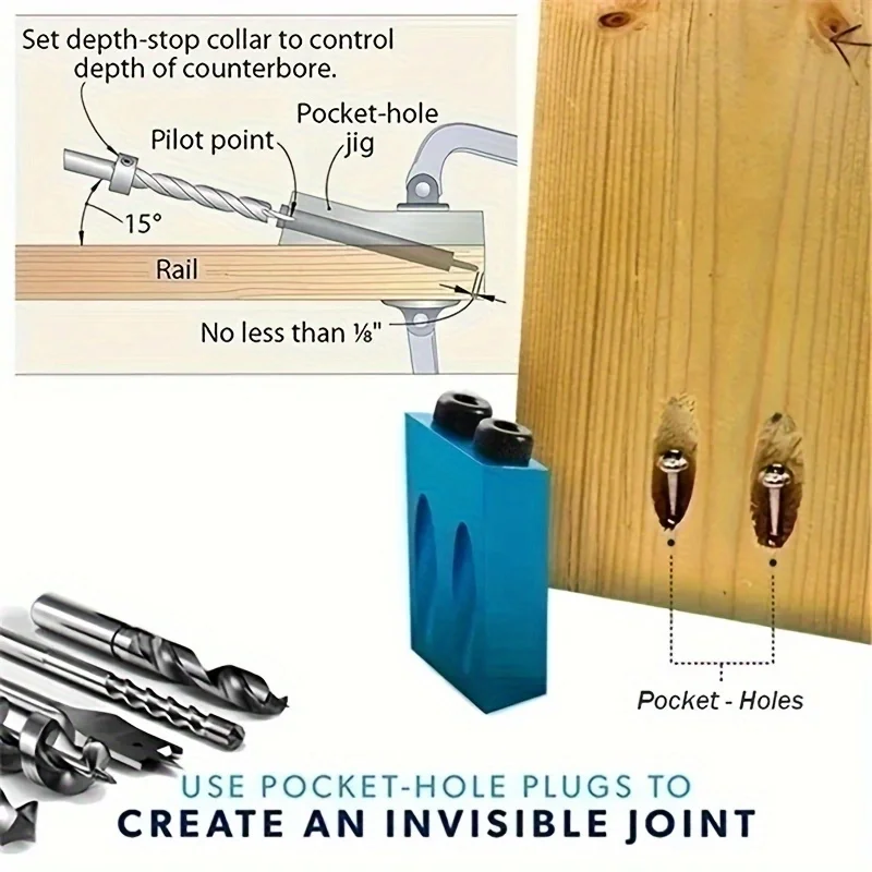 Woodworking Tools Pocket Hole Screw Jig Locator Drill Bits Set - 15 Degree Angle Drill Guide, 7/8/14/15/28/34PCS Hole Puncher