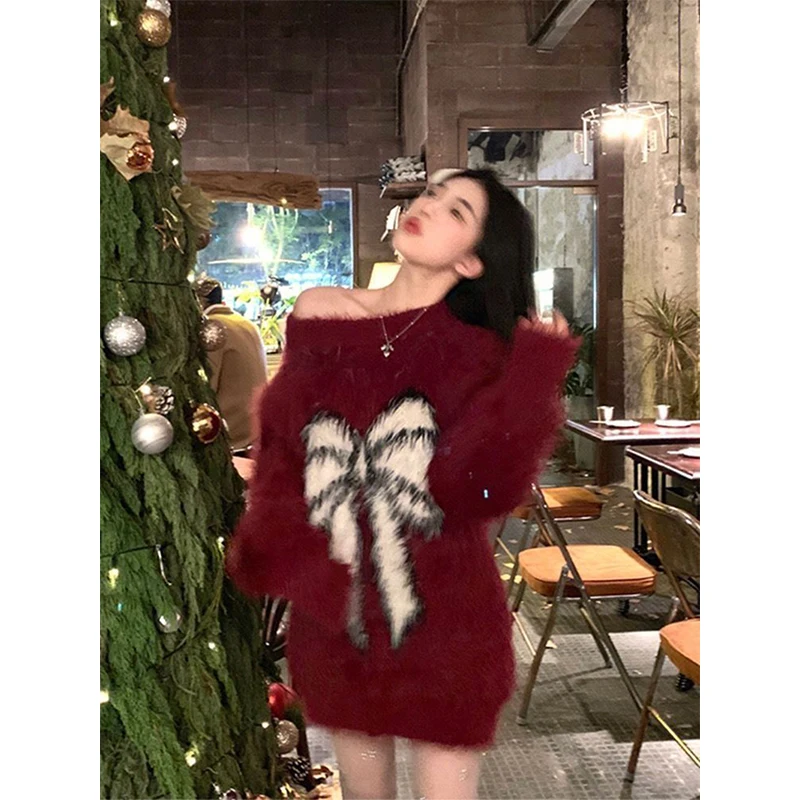 

MEXZT Vintage Red Bow Sweater Women Harajuku Black Knitted Pullovers Christmas Print Knitwears Winter Korean Long Sleeve Jumpers