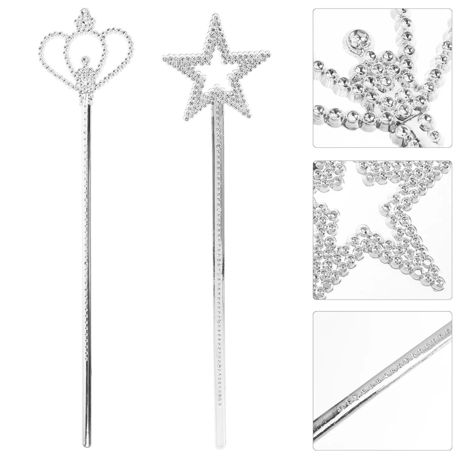 

2Pcs Silver Star Wand Crown Wand Princess Role Play Dress Up Party Halloween Metallic Star Stick