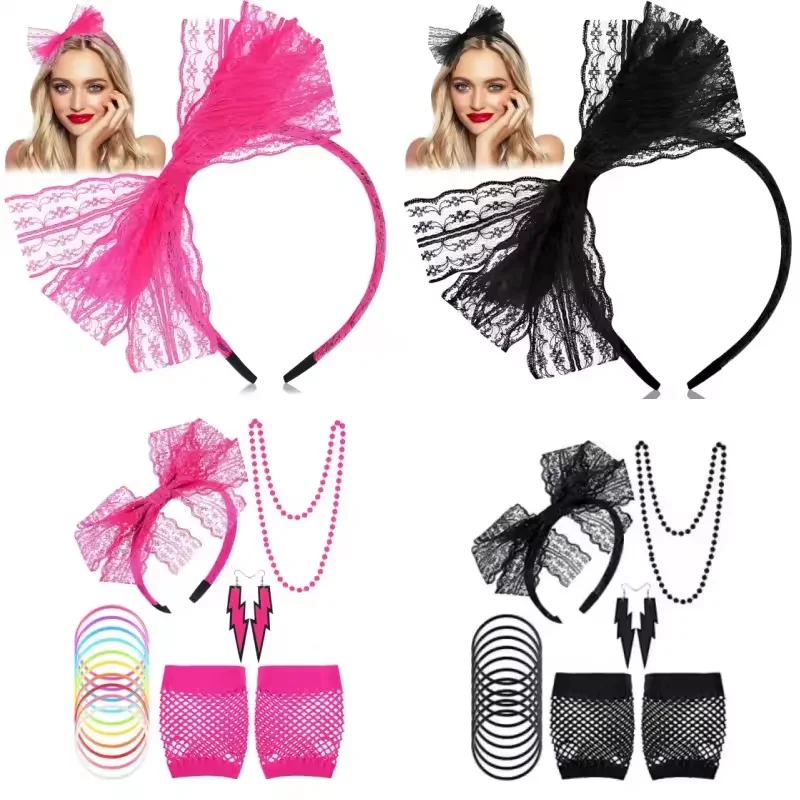 

Sexy 80s Accessories Women Lace Headband Earrings Fishnet Gloves Necklace Bracelet for 80s Retro Party Sexy Girl Halloween Girl