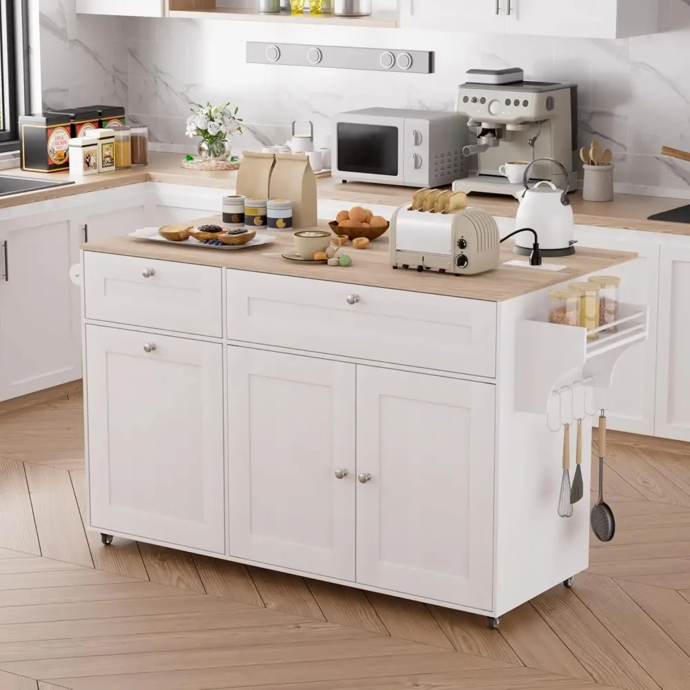 

Kitchen Island on Wheels with Power Outlet & Drop Leaf Countertop, Rolling Kitchen Islands with Trash Can Storage, Mobile Island