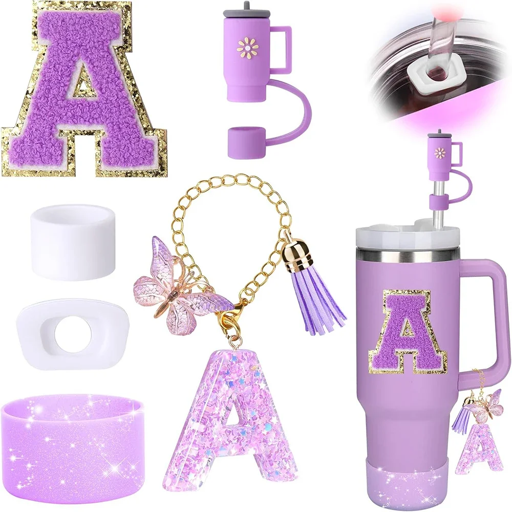 

6Pcs Cup Accessories 40oz Tumbler Silicone Straw Cover Cap Boot Spill Proof Stopper Handle Charm Initials Sticker