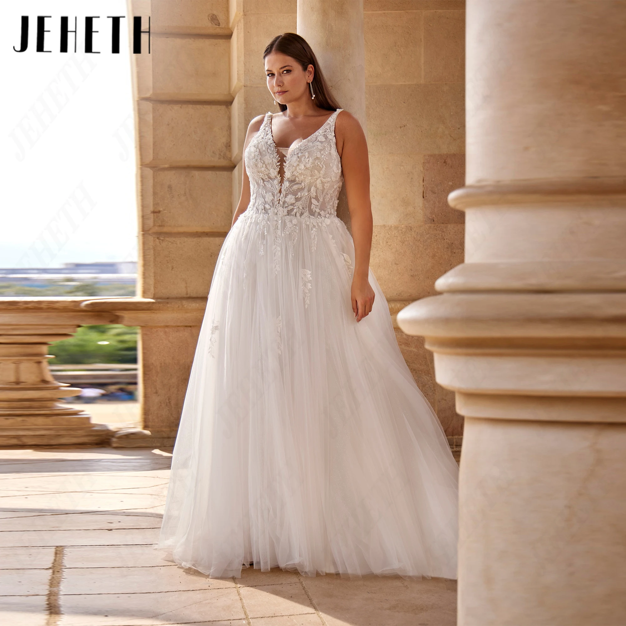 JEHETH Plus Size Deep V Neckline Illusion Wedding Dress Sleeveless Tulle Backless Bridal Gowns Court Train Personalized Bride