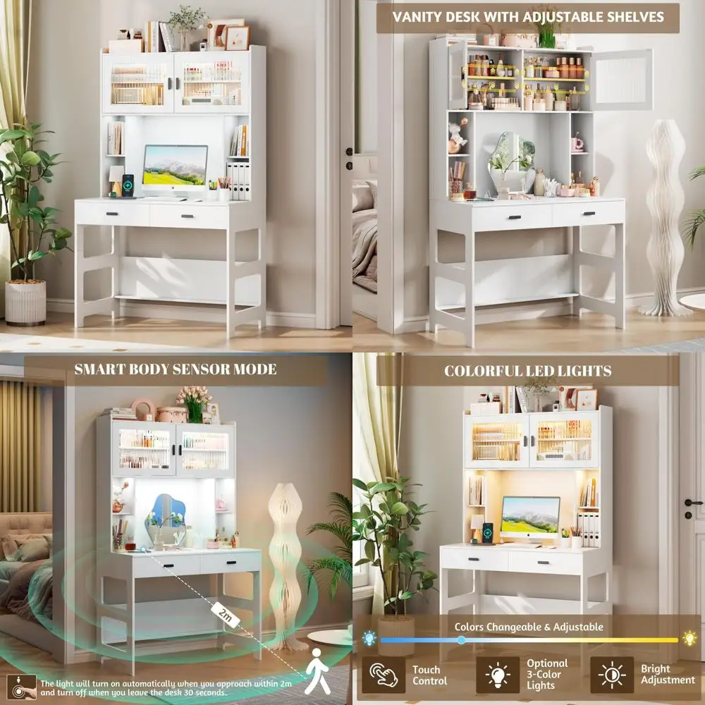 مكتب مكتب منزلي خشبي حديث 40 مزود بخزانة وأرفف تخزين مضاءة LED وأدراج لمكاتب الكمبيوتر #1