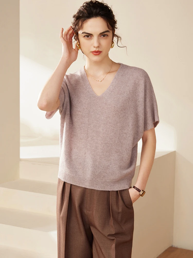 

Women 100% Cashmere T-shirt V-Neck Pullover Spring Summer Loose Short Sleeve Sweater Soft Office Lady Casual Knitwear Clothing