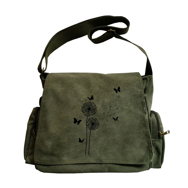 

Women's Canvas Vintage Shoulder Bag Large Capacity Adjustable Crossbody Messenger Bag with Floral Dandelion & Butterfly Print,