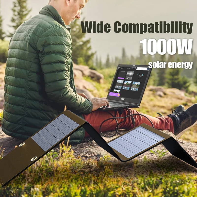 ポータブル折りたたみ式ソーラーパネル,1000W, USB,出力,充電器,家庭用および携帯電話用の屋外電源