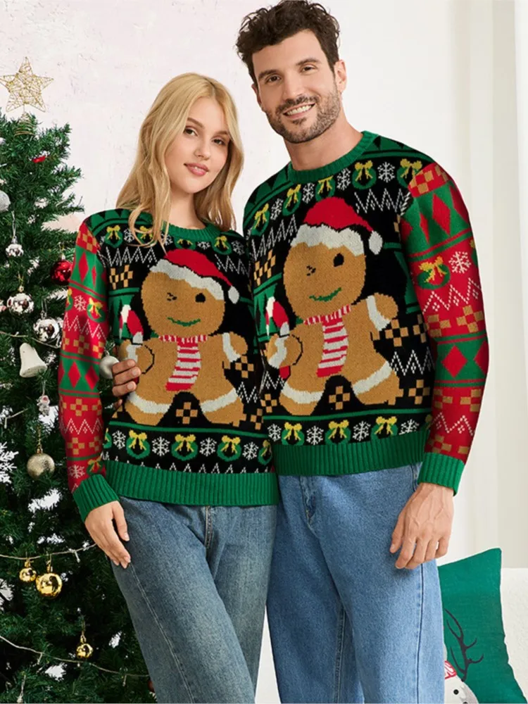 

Модные повседневные одинаковые рождественские свитера для всей семьи, зеленый вязаный пуловер с пряничным человечком, женский праздничный наряд с длинными рукавами