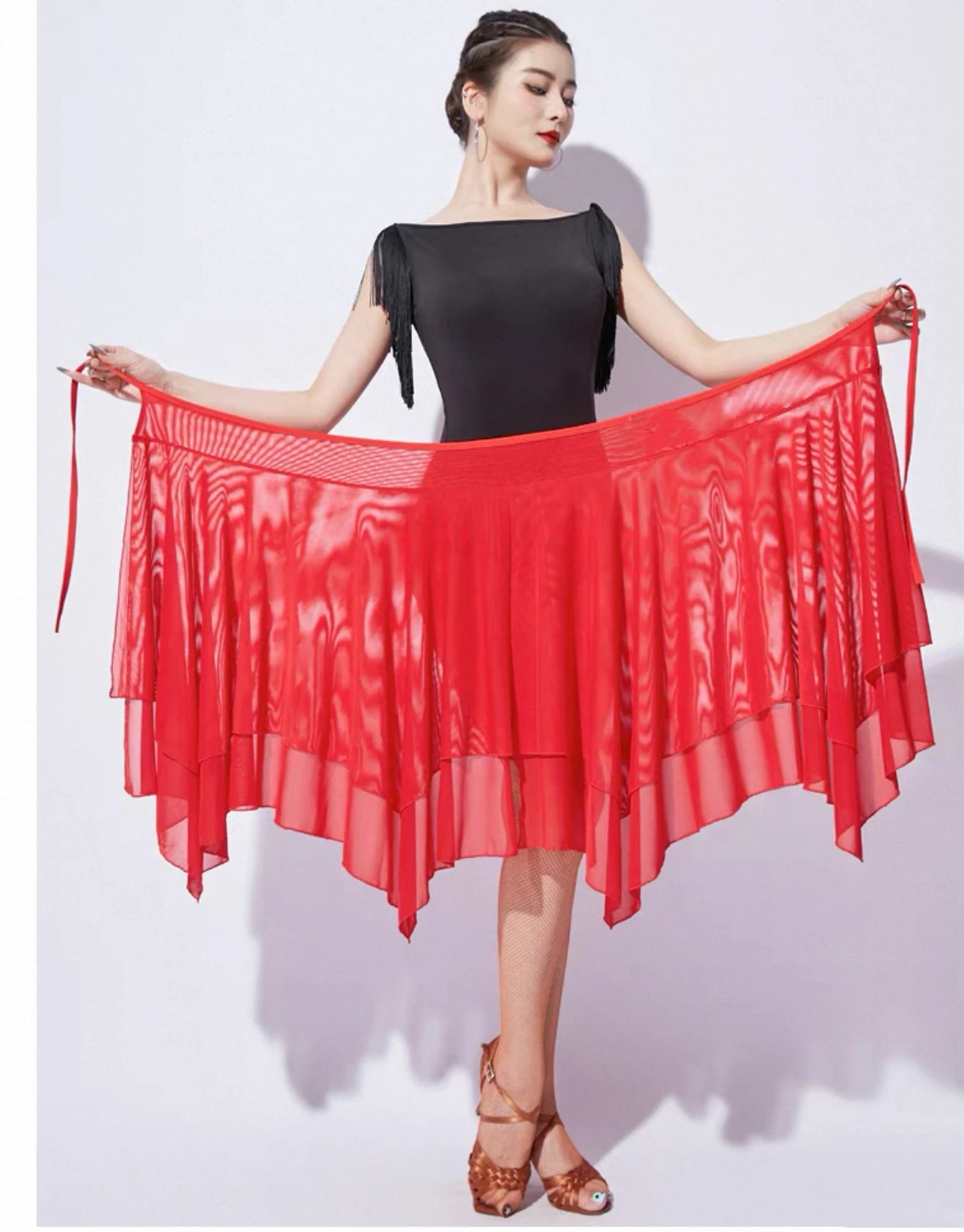 

New Latin Dance f Skirt Women's Adult 2025 Double Layer Wave Netting Stand ort Skirt Fitn Sportswear Yoga Gym Fans