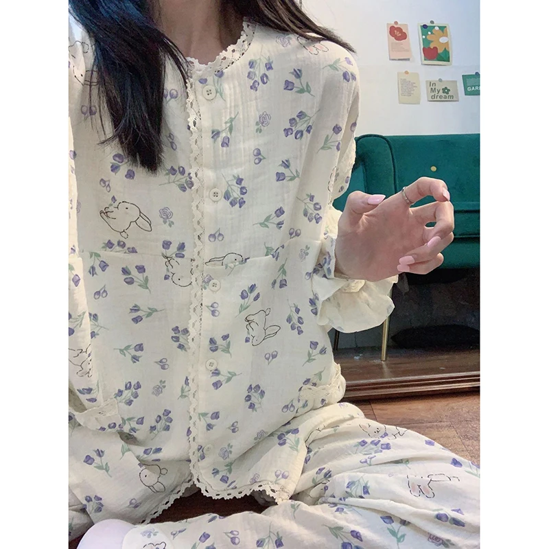 Lace Sleepwear Women Pajama Sets Piiama Korean Autumn Pants Sets 2 Pieces Floral Rubbit Long Sleeve Night Wears Button Home Suit