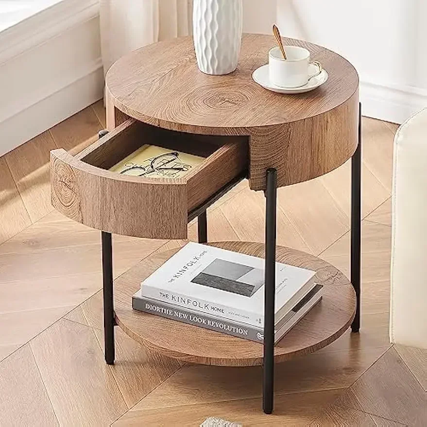 Round End Table Wood Side Table with Drawer Farmhouse Circle End Tables Accent Bedside Table Metal Frame Small Nightstand