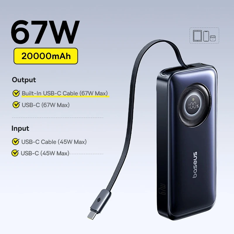 Baseus 65W Powerbank 20000mAh Snelladen met ingebouwde intrekbare Type-C kabel voor laptops, iPhone 17, 16, 15 Pro Max, Samsung