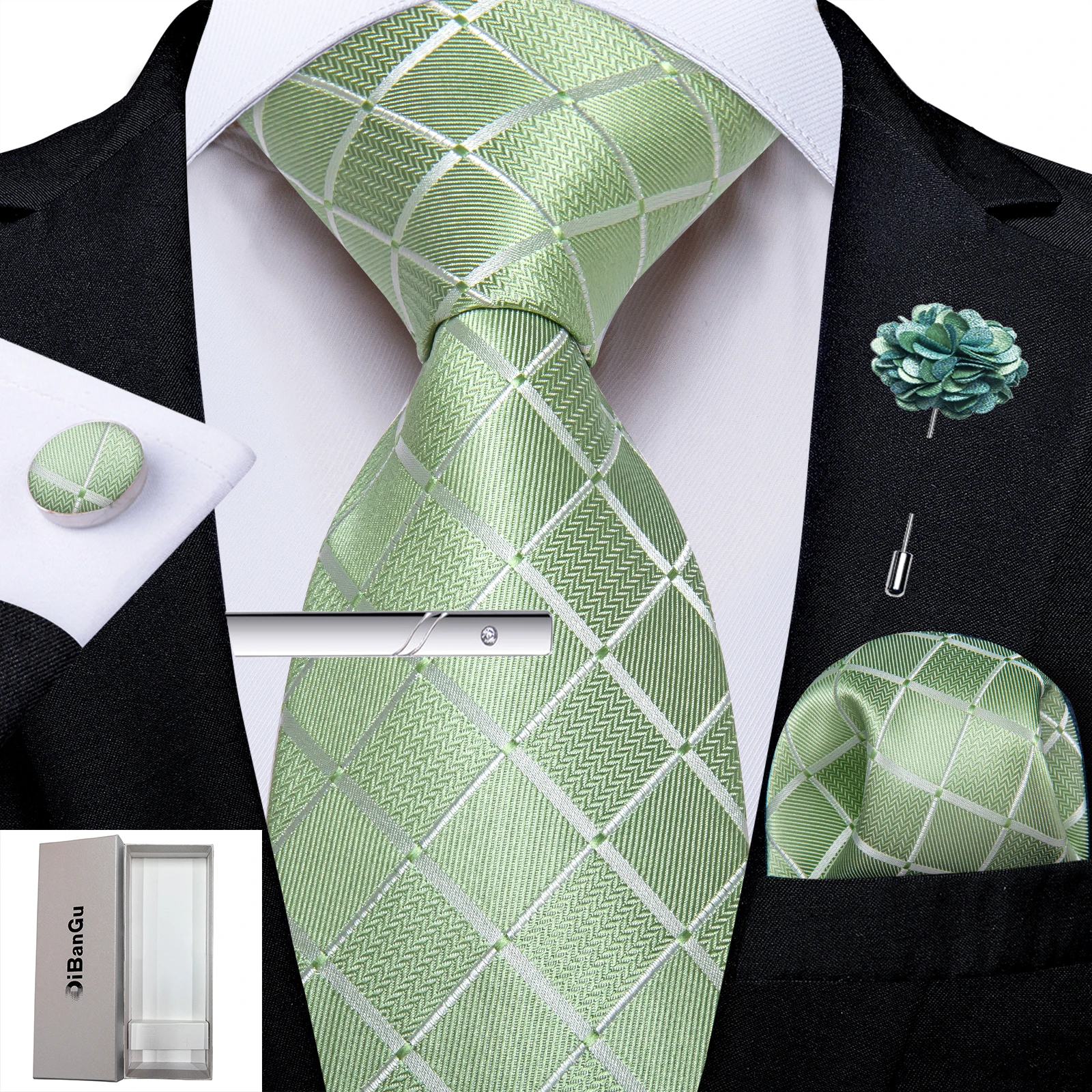 Green Men\'s Ties Luxury Floral Solid Silk Ties Business Formal 150cm Necktie Pocket Square Cufflink Suits Accessory