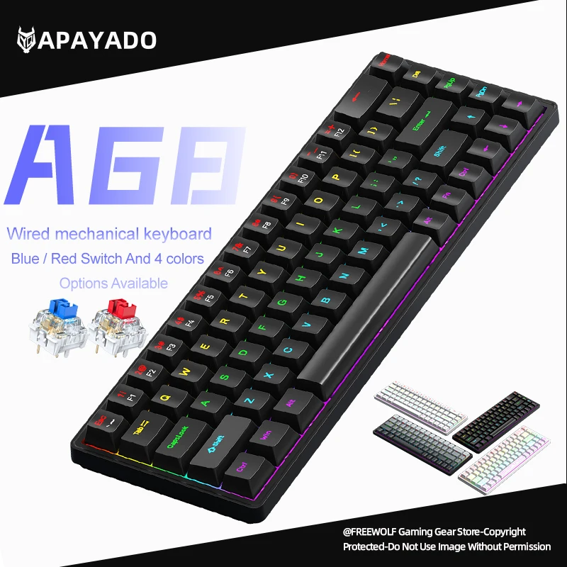 

Проводная механическая клавиатура USB A68 с RGB-подсветкой, мини-игровая клавиатура на 68 клавиш, полностью с возможностью горячей замены переключателей (красные/синие), компактная 60%-форматная
