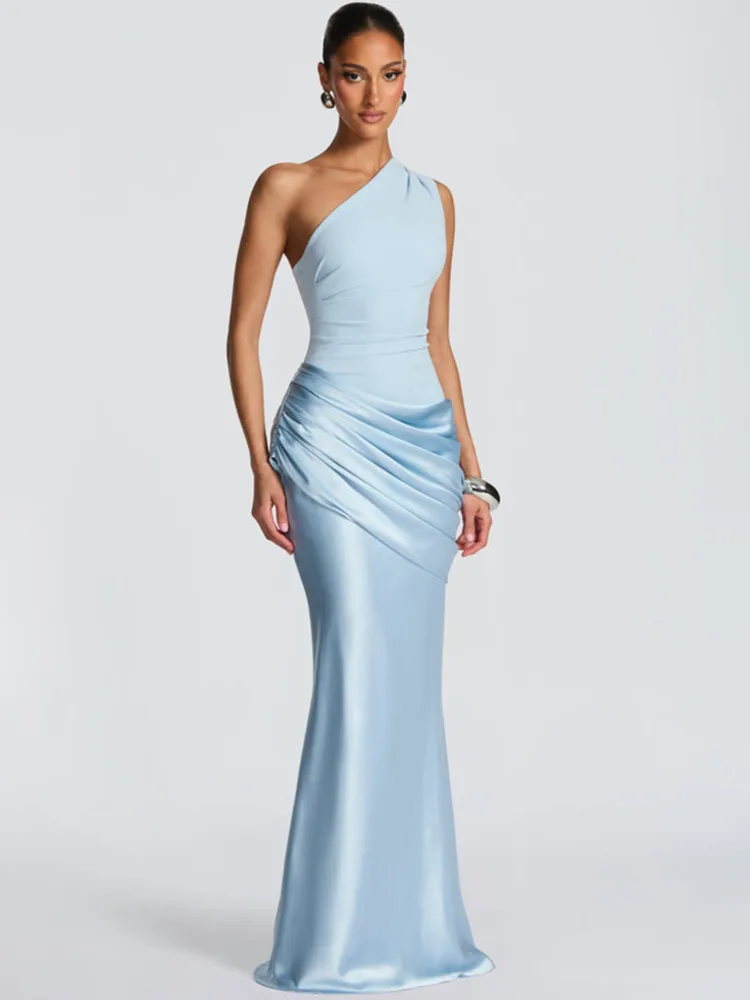 Blifanbo tache épaule Oblique Sexy robe Maxi femmes robe froncé sans manches mode taille haute Club fête robe de soirée élégante