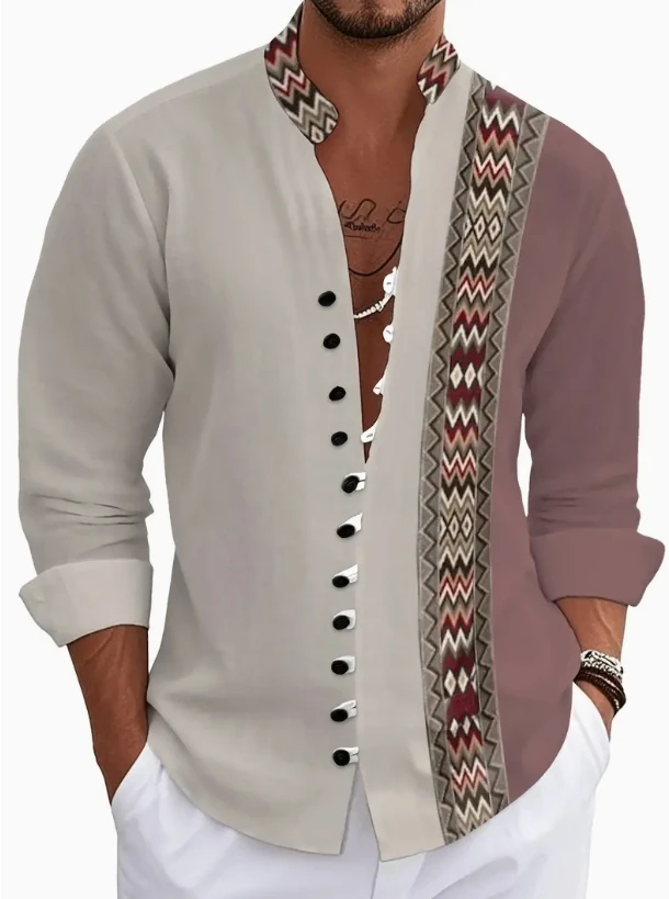 New Men's Henry Collar Linen Long Sleeve Casual Shirt Ethnic Print High Quality Top Fits Everyday