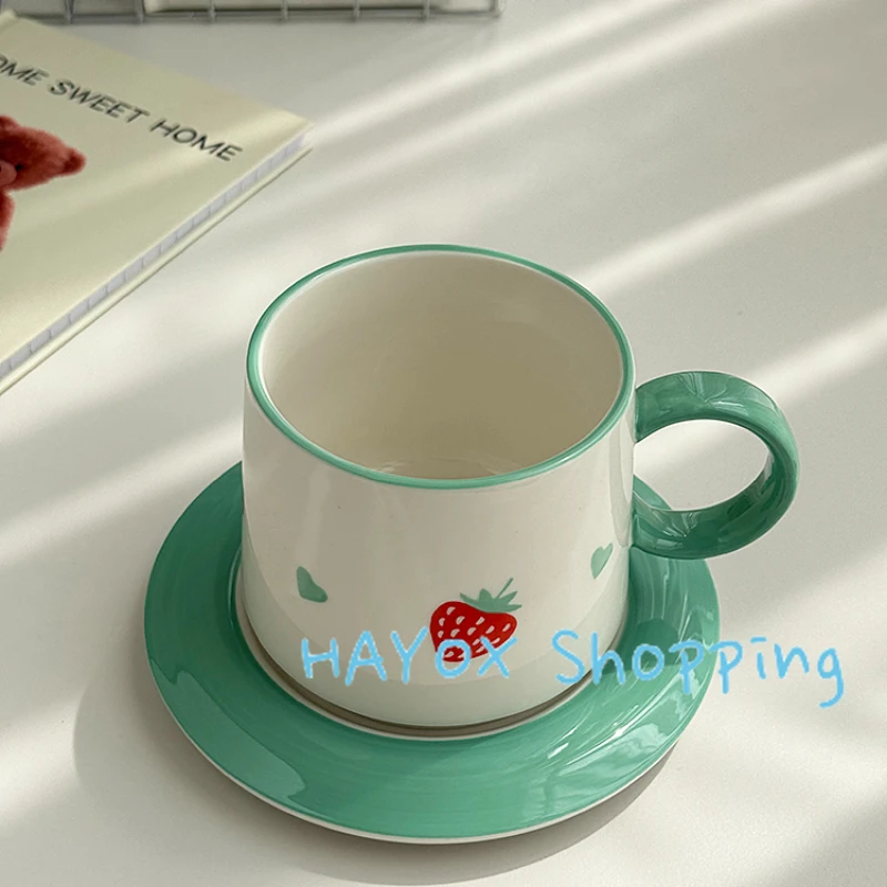 

Korean Strawberry Ceramic Coffee Cup Plate Afternoon Tea Underglaze Cute Milk Cup Dish Set Red Green Color Birthday Gift