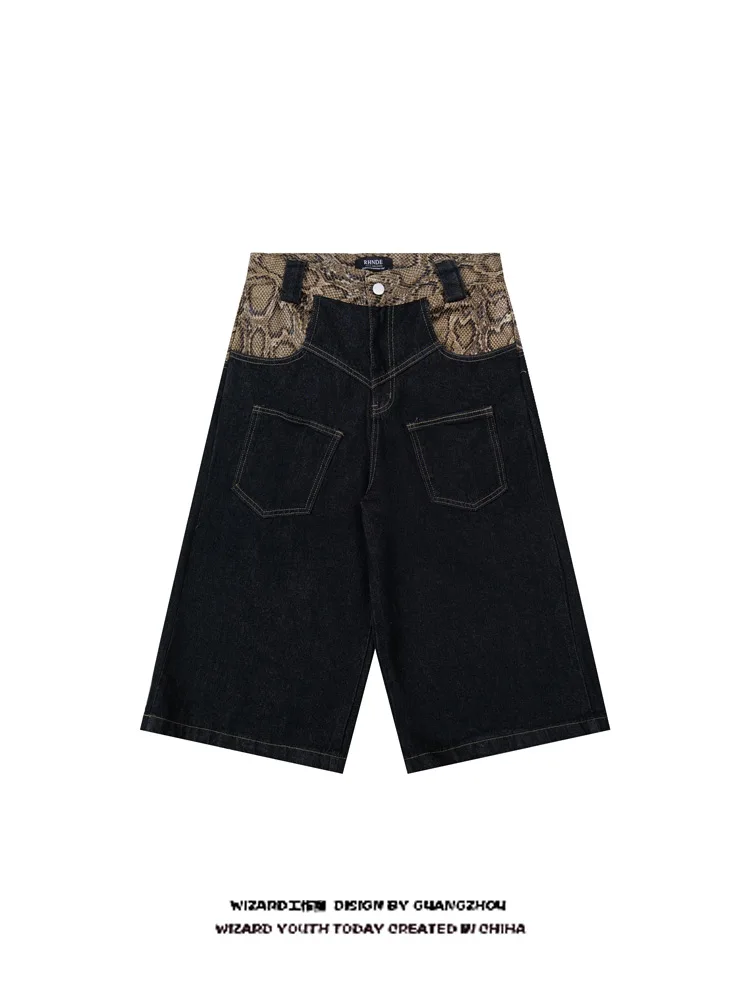 

Мужские джинсы в американском стиле ретро на семь футов с высокой талией и широкими штанинами, прямой крой, дизайн из змеиной кожи, повседневные летние джинсы