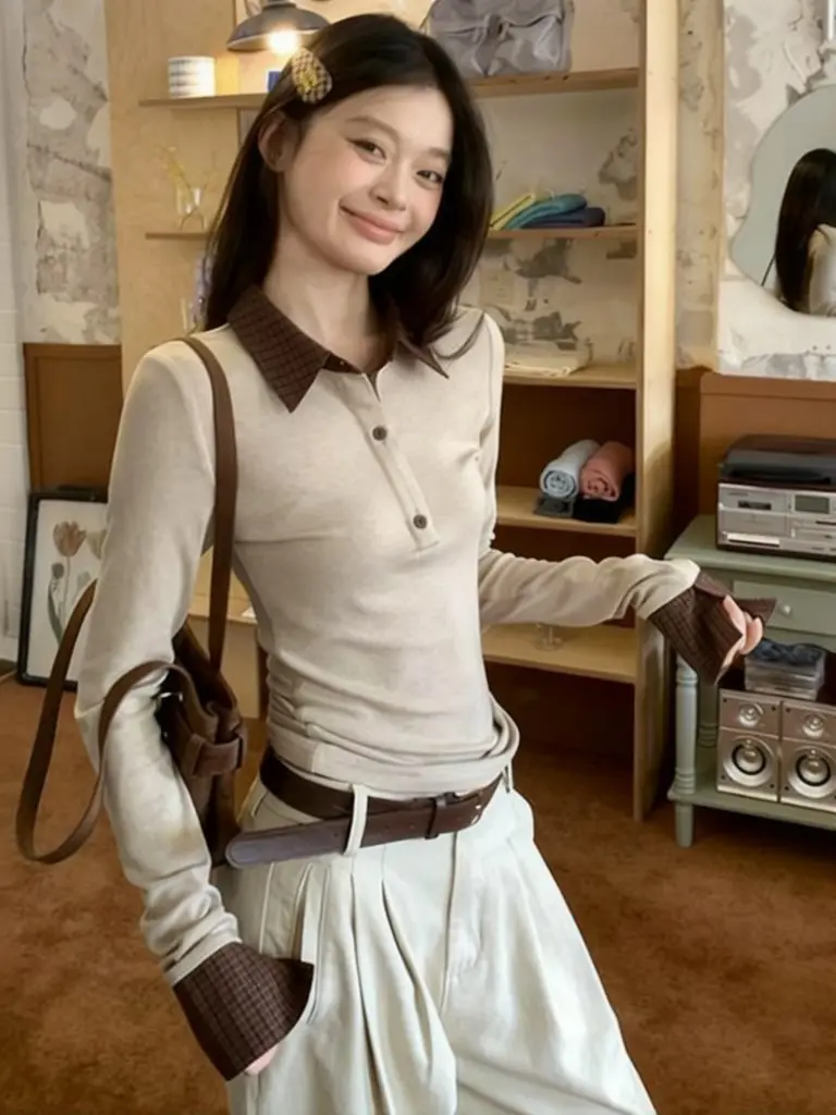 Apricot Fake Two-piece Polo Collar T Shirt Woman Basic Layered Top Long Sleeve Fall Winter Basic Tees