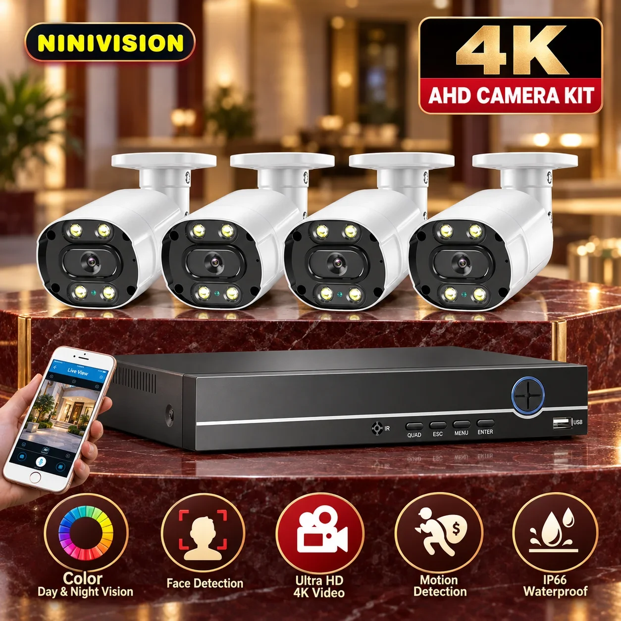 4K CCTV DVR Security Camera System 4 Channel DVR Kit Outdoor 8MP AHD Bullet Camera Color Night Vision 8CH Video Surveillance Set