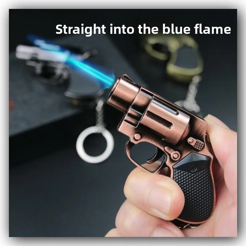 New Cool Gun Shaped Portable Metal Windproof Keychain Lighter with Adjustable Flame and Refillable Butane Cigarette Accessories