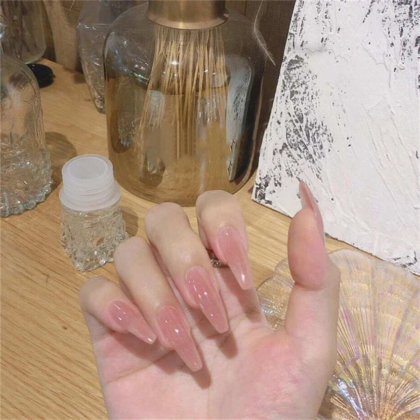 24Pcs/Set Gourd Translucent Powder Fake Nails French Sticky Wearing False Nails Tips Handmade Full Cover Acrylic Press on Nails