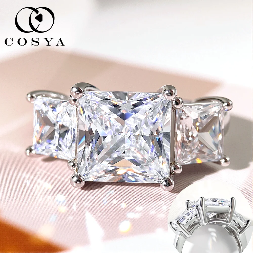 

COSYA 6.4CT Princess Cut Moissanite Diamond Ring For Women S925 Sterling Silver Sparkling 3 Stone Wedding Band Fine Jewelry Gift