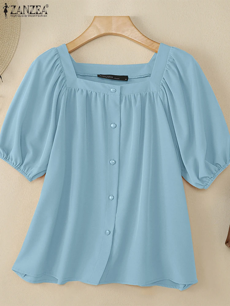 

ZANZEA Women Summer Shirts 2025 Fashion Elegant OL Short Puff Sleeve Blouse Sexy Square Collar Solid Color Pleated Buttons Blusa