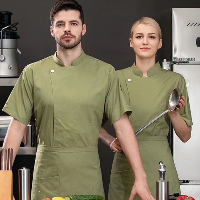 Abrigo de Chef de manga corta para hombre y mujer, chaqueta de cocinero para restaurante, Hotel, uniforme de camarero, Top