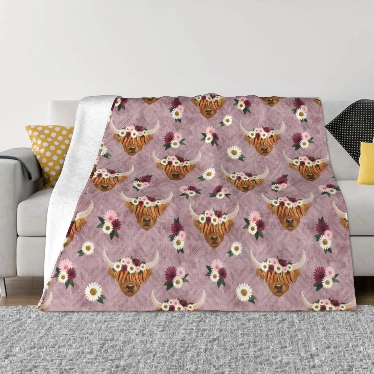 

Floral Crowned Highland Cows on Mauve Throw Blanket Polar blanket Summer Blanket