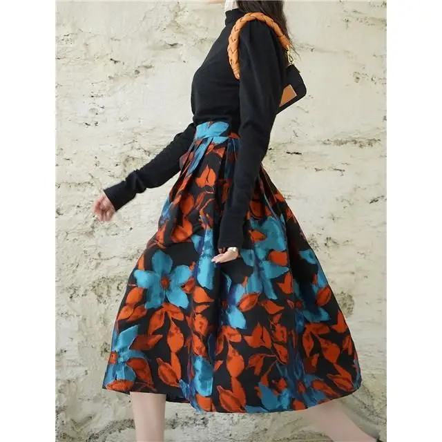 Printed Puffy Retro Umbrella Skirt Women Elegant Mid Length High Waisted French Covered Meat Autumn Winter Style Skirts M183