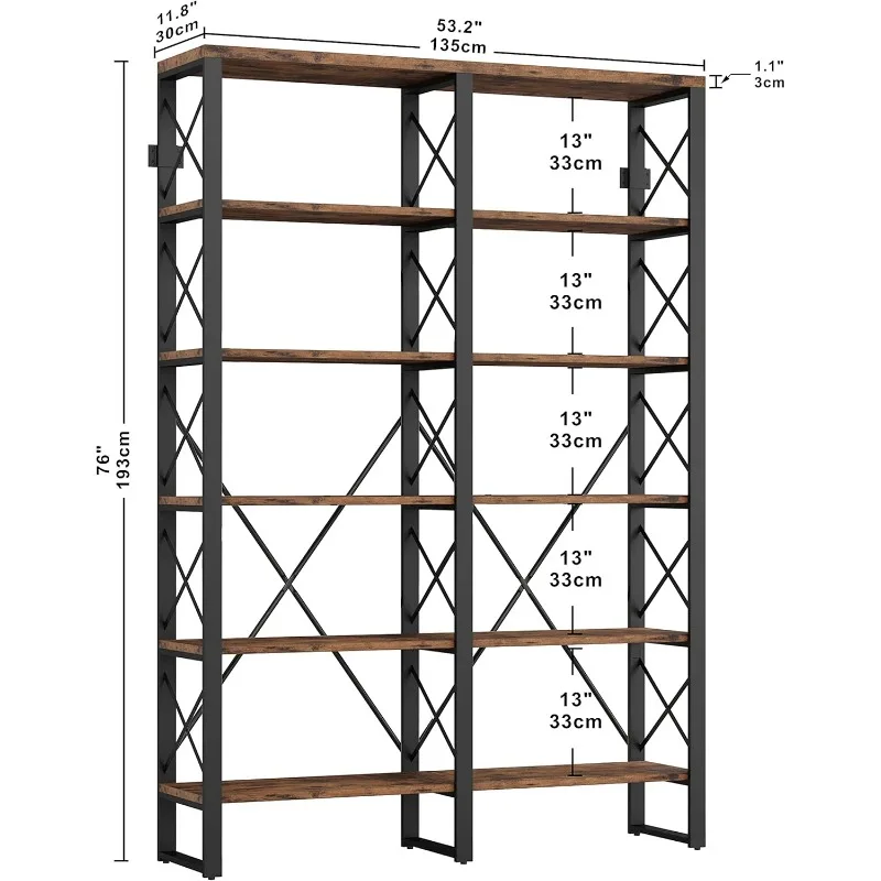 Estantería Doble Largo 6 Niveles 76" de Alto, Estantería Grande Abierta, Estantería de Estilo Industrial, Estantería de Madera y Metal