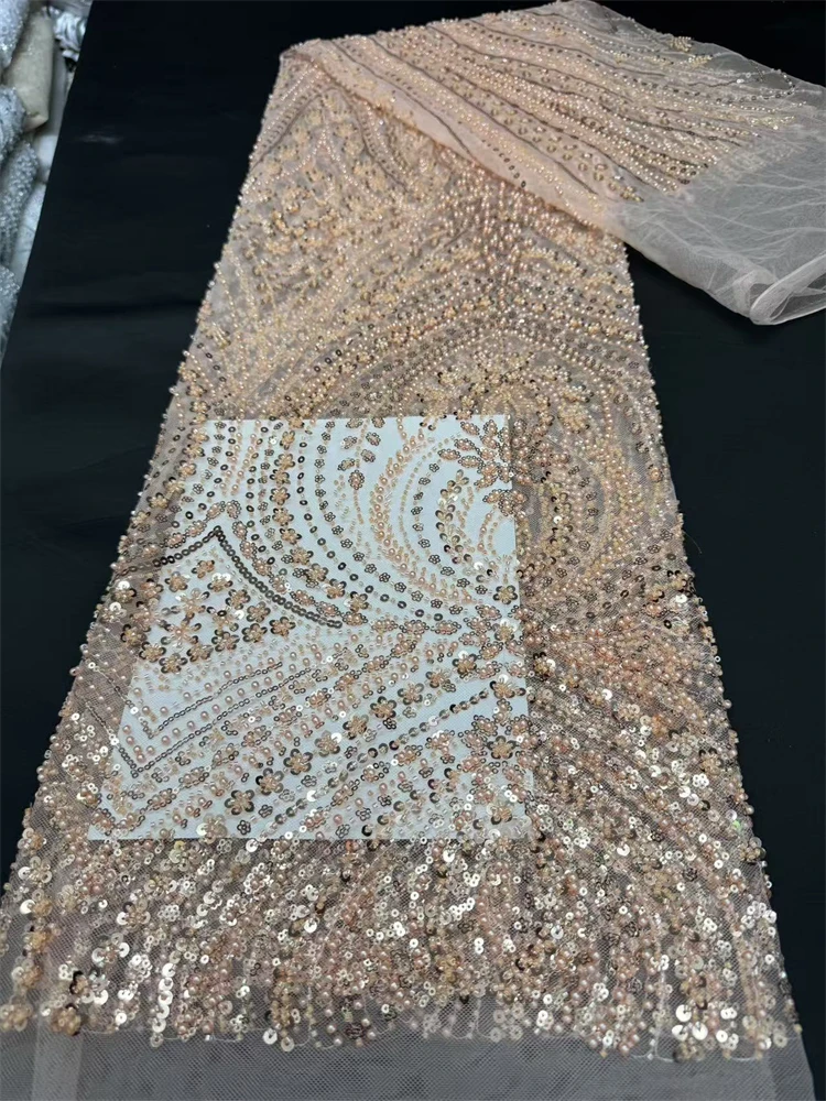 

Luxury Sequins Tube Beads Tulle Mesh Lace Fabric New Design French African Style for Wedding Evening Dresses
