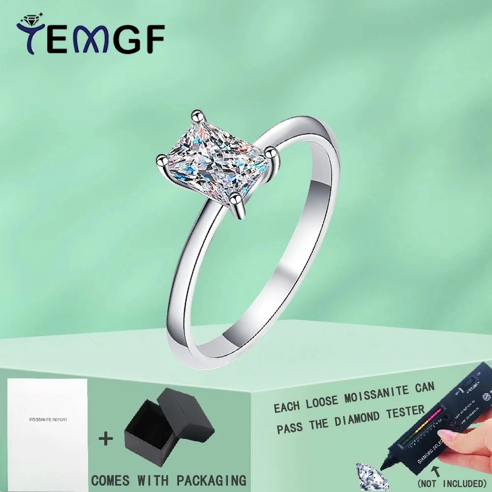 

TEMGF 1CT Moissanite Ring Raytheon/Emerald Cut S925 Sterling Silver for Women Wedding Sparkling Fine Jewelry GRA Certification