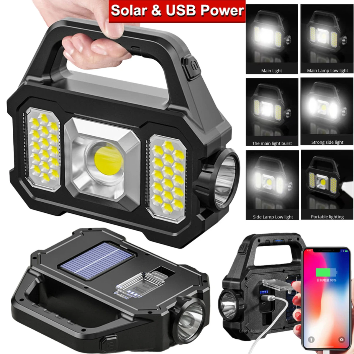 Portable Powerful Solar LED Flashlight With COB Work Lights USB Rechargeable Handheld  LED Outdoor Camping Solar Torch Light