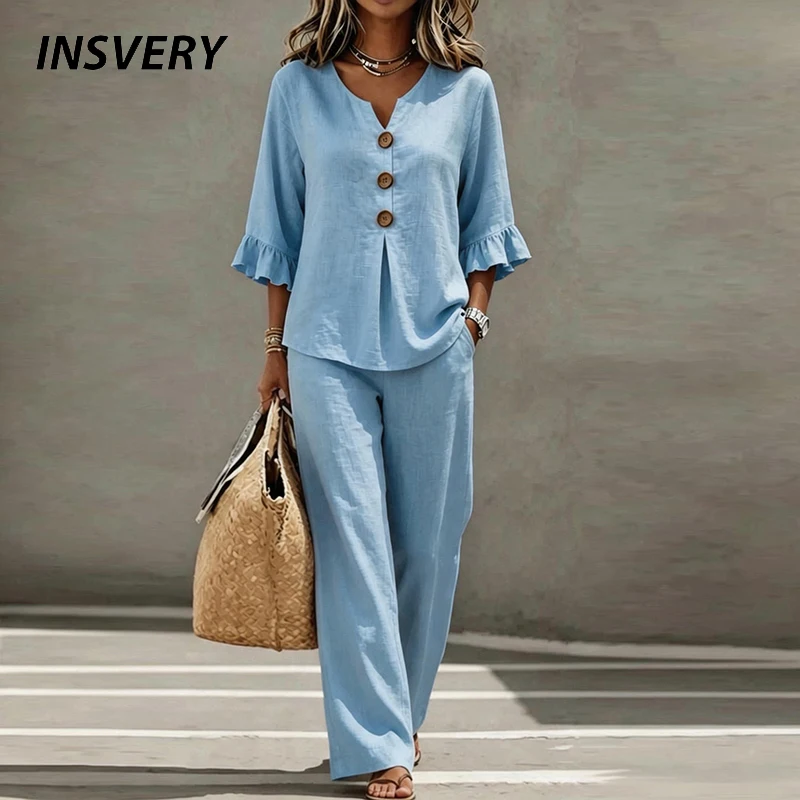 

Summer Women Ruffle Sleeve Button Shirt High Waist Pants Suit Women Casual Two Piece Set Female Fashion Comfortable Outfits